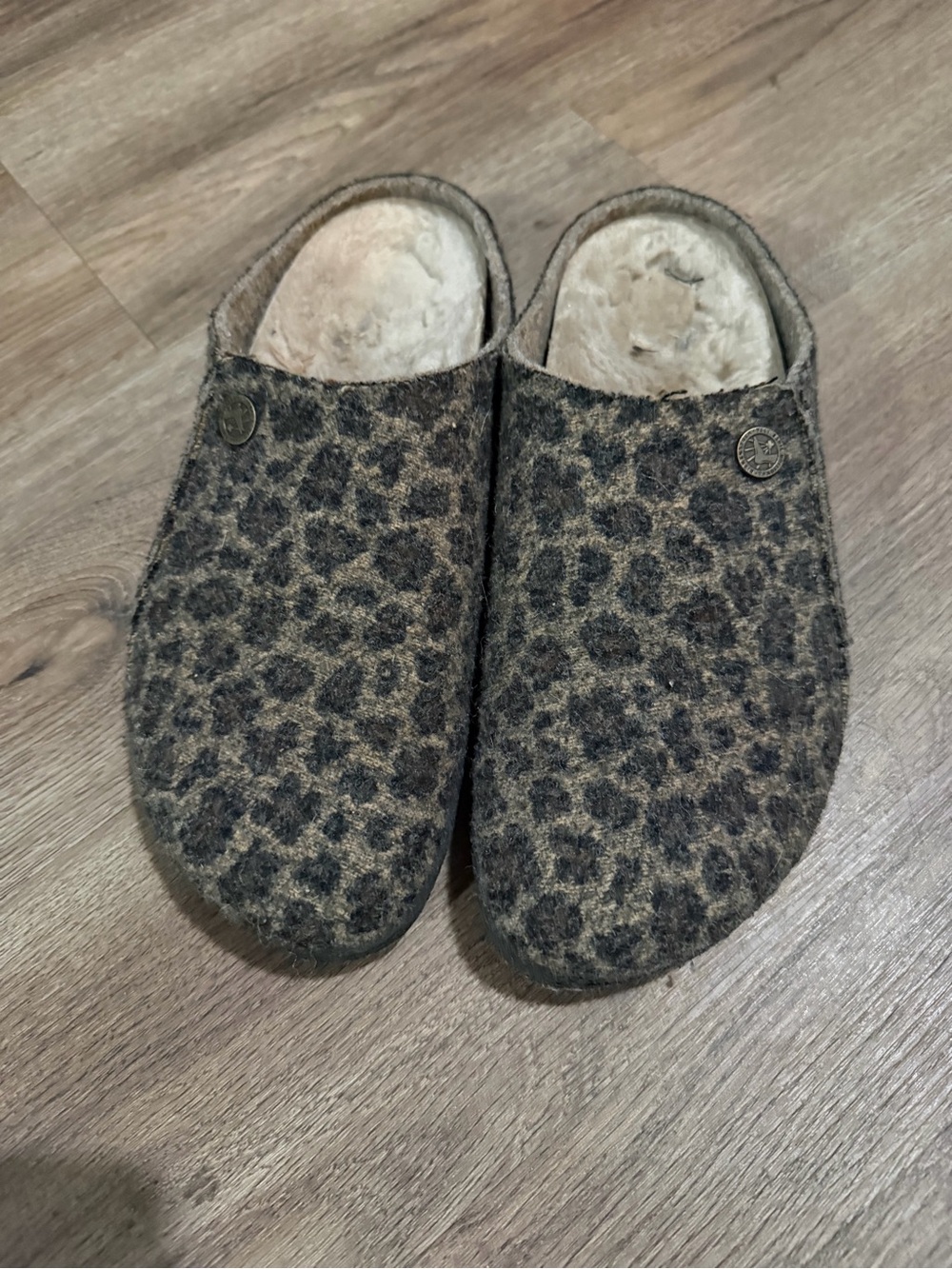 Birkenstock Leopard Print Wool Clog Slippers in Brown and Black